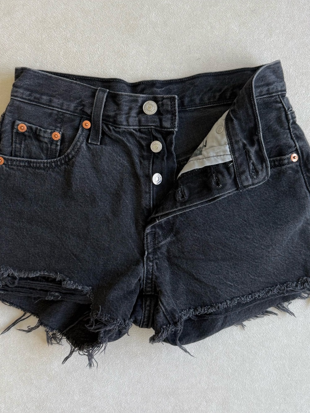 Levi’s 501 High-Waist Black Distressed Denim Shorts W23 Button Fly